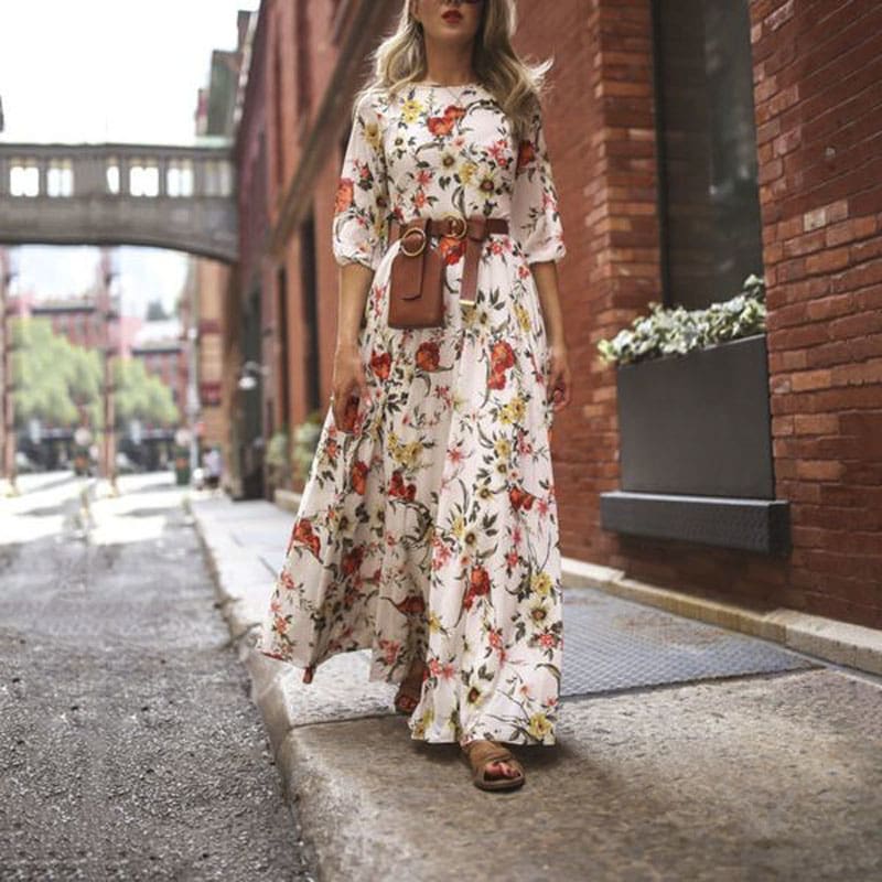 Womens Boho Maxi Dress Floral Summer Beach Party Long Sundress Fashion Ladies Casual Daily Half Sleeve Dress Clothes