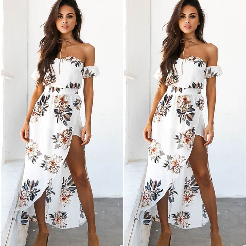 Women Boho Floral Wrap Long Maxi Dress Fashion Ladies Casual Off Shoulder Summer Beach Holiday Dresses Sundress