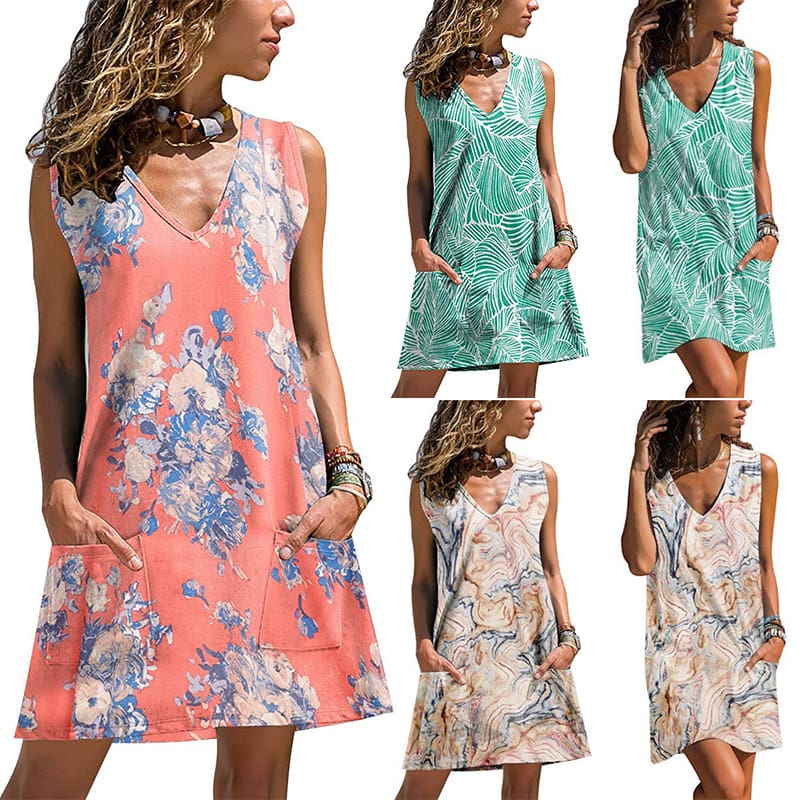 New Women Casual Loose Tunic Floral Dress Ladies Casual Beach Swing Strappy Cami Pocket Summer Party Dress Sundress