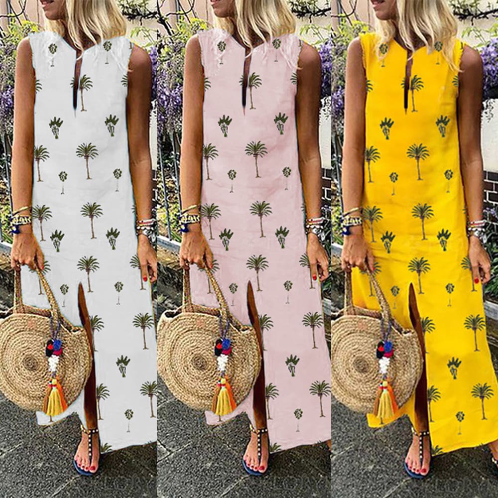 Women Boho Long Maxi Dress Fashion Ladies Sleeveless Summer Beach Floral Dress Casual Holiday Dresses Sundress