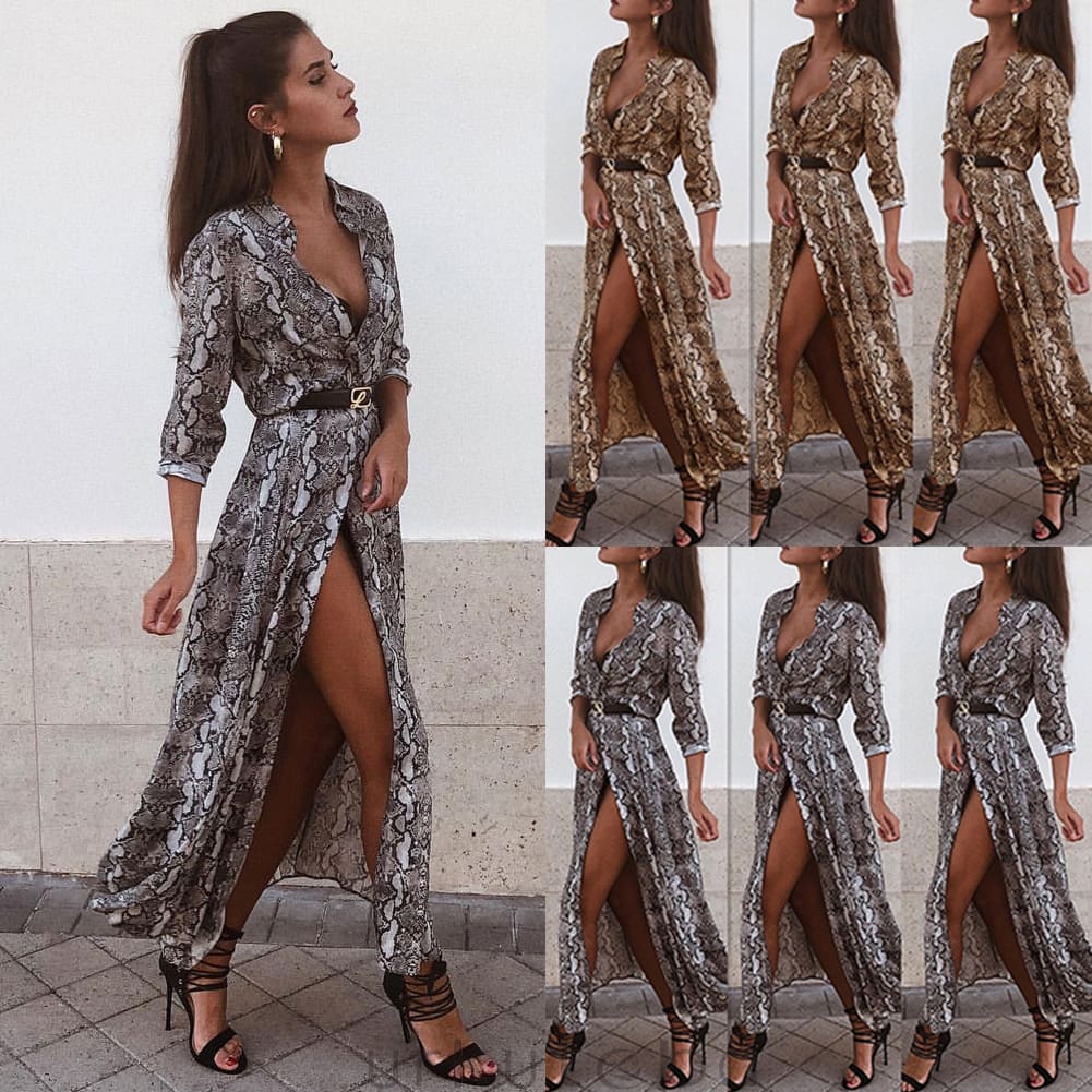 Women Boho Snakeskin Kimono Jacket Long Sleeve Chiffon Cardigan Long Dress Summer Beach Cover Up Loose Sundress