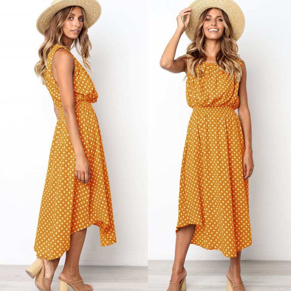 Women Boho Sleeveless Midi Dress Polka Dot Fashion Summer Party High Waist O-Neck Holiday Beach Dress Sundress