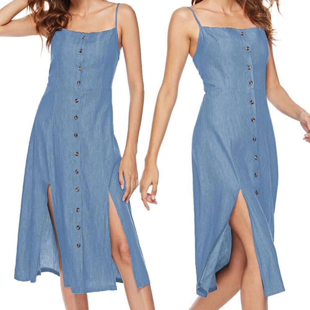 New Womens Long Maxi Slim Dress Fashion Ladies Summer Denim Sleeveless Solid Casual Loose Beach Sundress