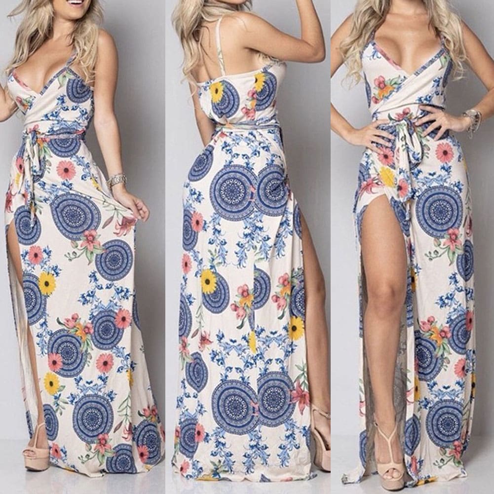 New Women Summer Vintage Boho Sleeveless Long Maxi Dress Ladies V-Neck Fashion Beach Party Dress Sundress