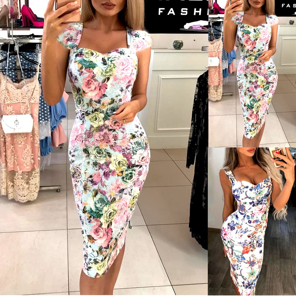 Fashion Women Summer Holiday Strappy Striped Off Shoulder Long Floral Boho Dress Beach Slim Bodycon Pencil Dress Sundress