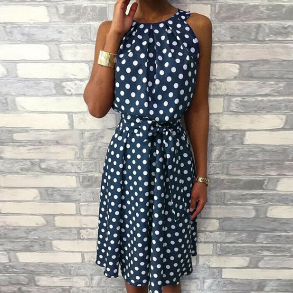 Women Sleeveless Polka Dot Midi Dress 2023 Fashion Ladies Summer Beach Casual Bandage Belt Dress Sundress