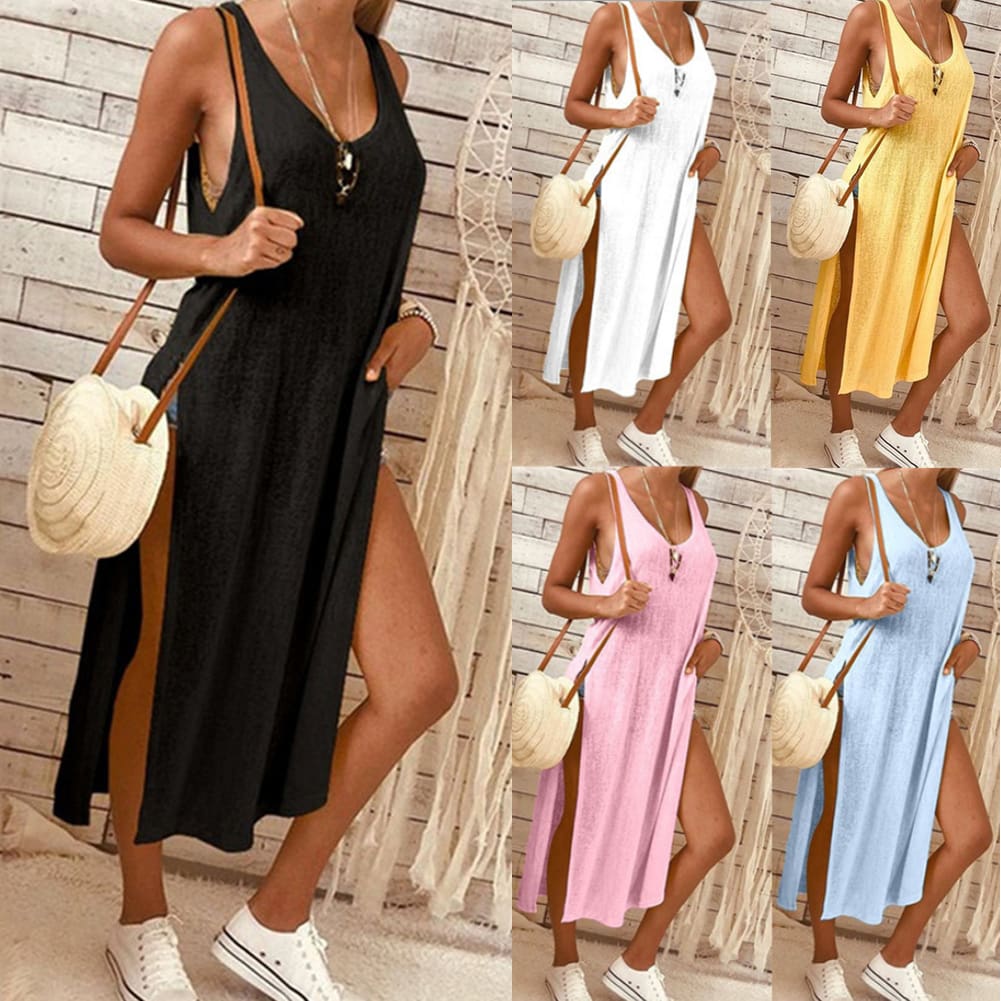 Summer Womens Solid Color Split Sleeveless V-Neck Loose Casual Party Bohemian Dress Holiday Beach Sundress