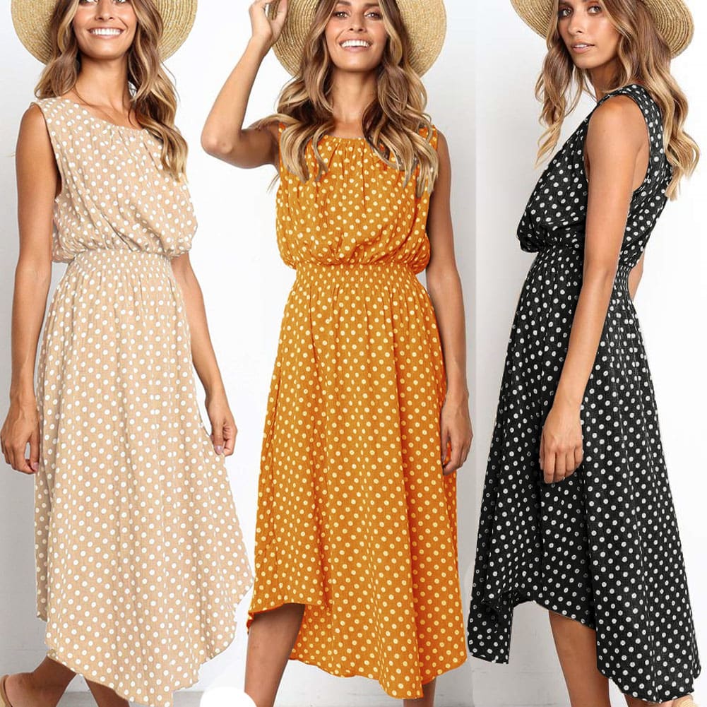 Women Boho Sleeveless Midi Dress Polka Dot Fashion Summer Party High Waist O-Neck Holiday Beach Dress Sundress