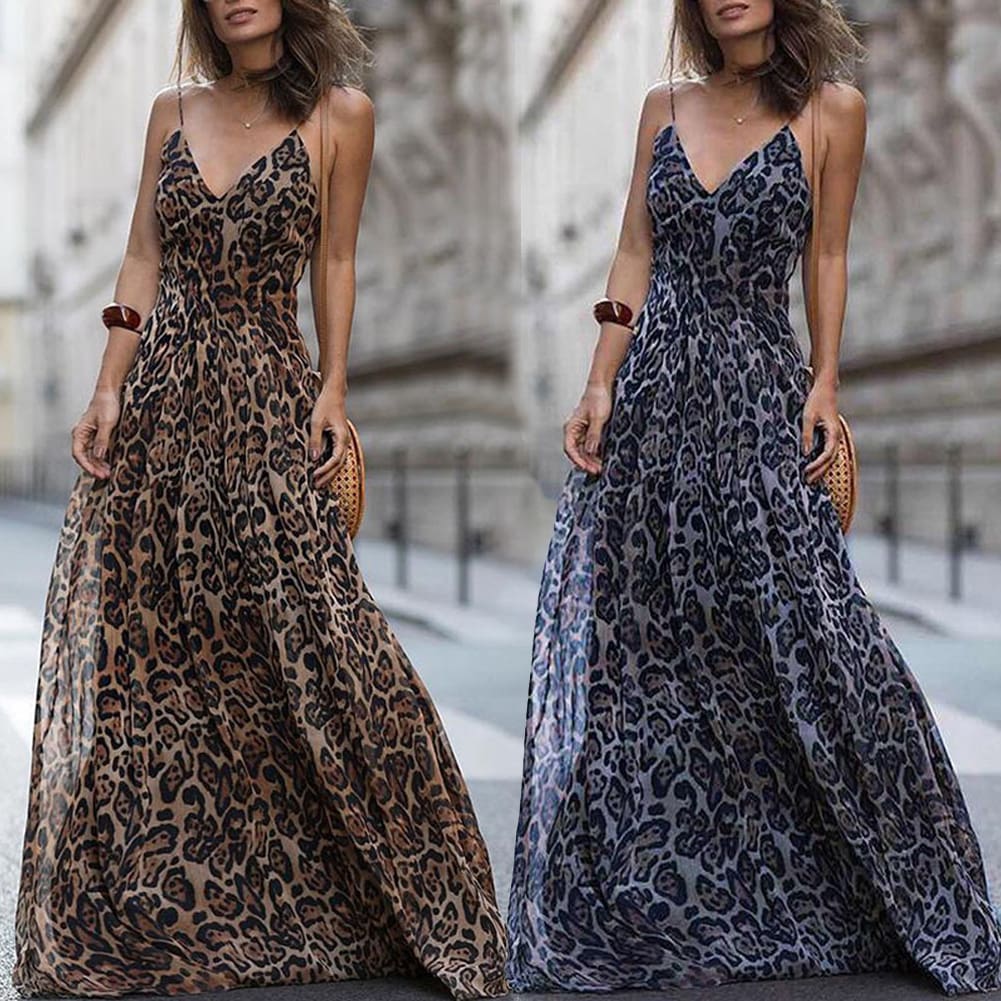 Women Leopard Print Sleeveless Maxi Long Dress Fashion Ladies Party V Neck Summer Beach Sexy Dress Sundress