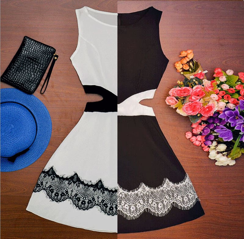 Summer Women Dress OL Lady Sleeveless O-neck Lace Patchwork Casual Slim Fit Hollow Out Mini Waist Dress white black