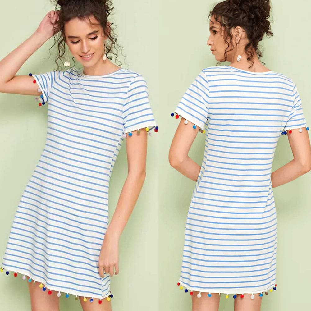 New Women Short Sleeve Mini T-shirt Dress Summer Ladies Casual Round Neck Striped Tassel Loose Beach Sundress