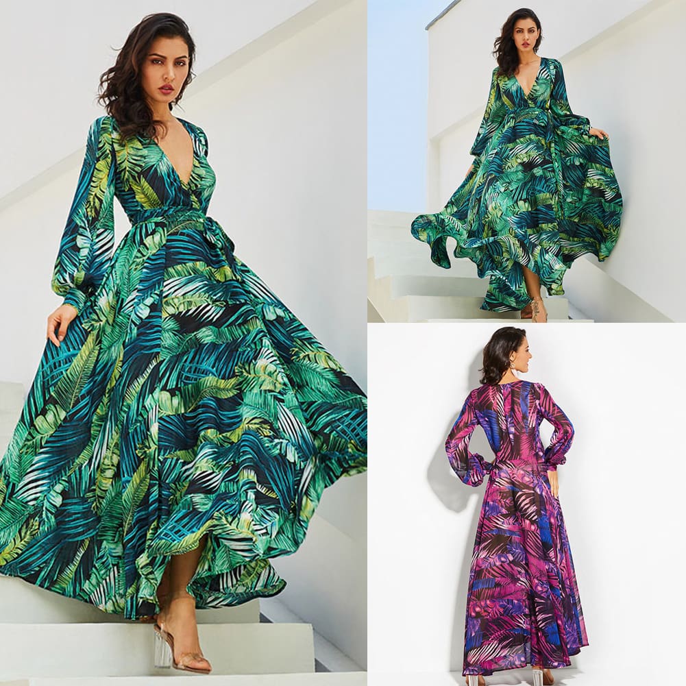 Vintage Women Boho Floral V-Neck Long Maxi Dress Summer Beach Elegant Ladies Casual Long Sleeve Holiday Party Sundress