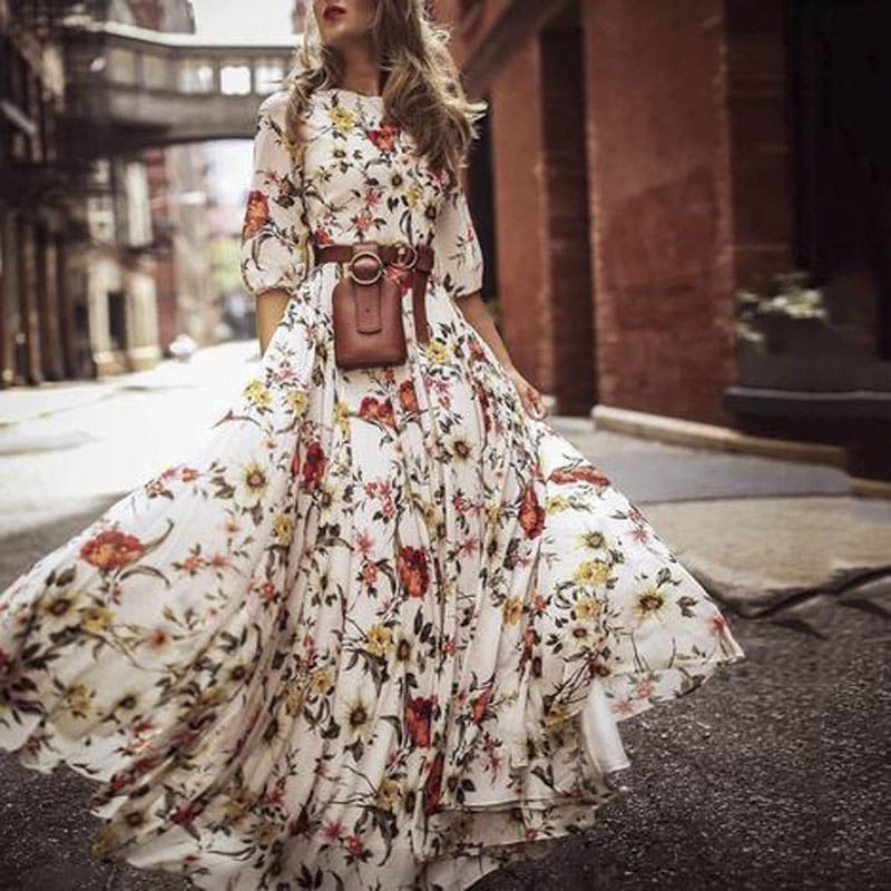 Womens Boho Maxi Dress Floral Summer Beach Party Long Sundress Fashion Ladies Casual Daily Half Sleeve Dress Clothes