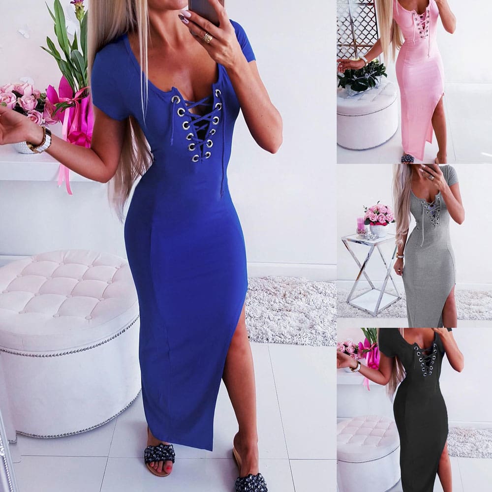 Women Casual Scoop Neck Short Sleeve Bodycon Dress Ladies Summer Holiday Party Long Split Dress Sundress