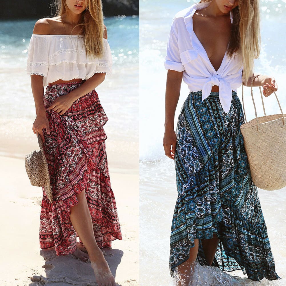 Women Ladies Casual Boho Tribal Floral Skirt Female Summer Beachwear Party Casual Long Maxi Skirt Sundress