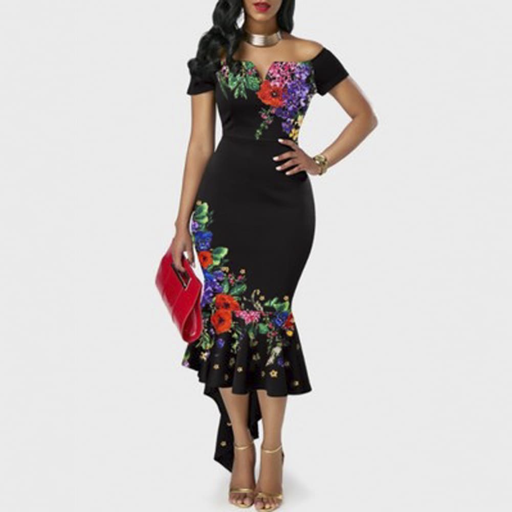 Womens Boho Long Maxi Dress Beach Summer Party Elegant Ladies Off Shoulder Floral Bodycon Fishtail Dresses