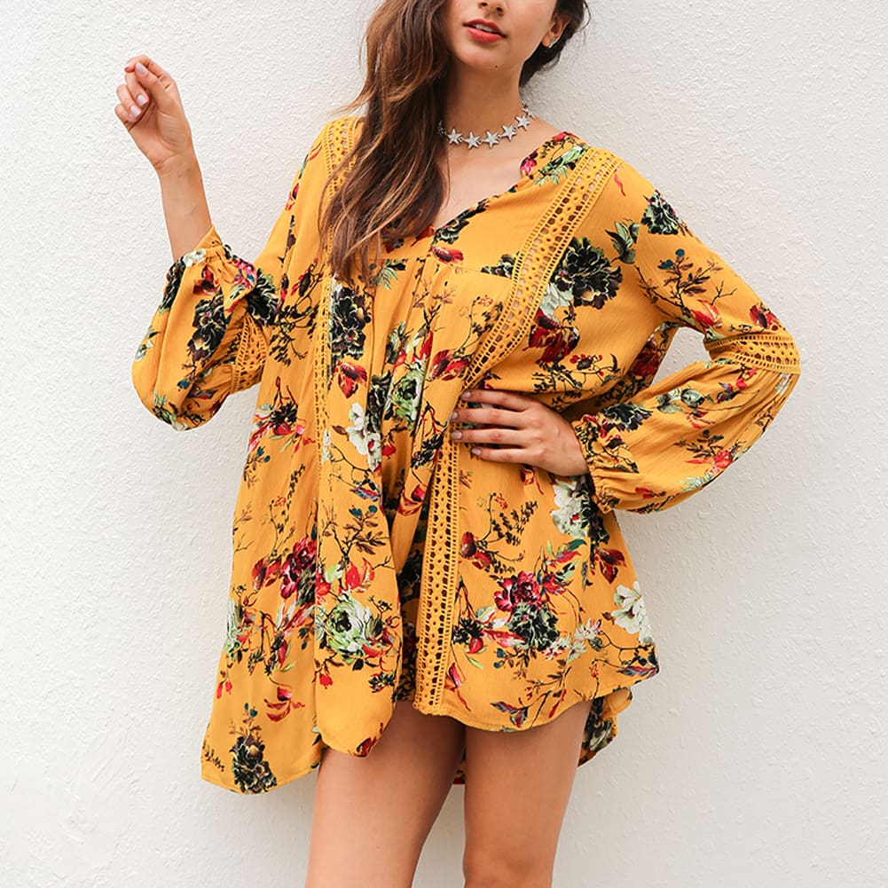 Women Long Sleeve Boho Floral Party Swimwear Bikini Summer Beach Wear Cover Up Dress Casual Loose Mini Sundress