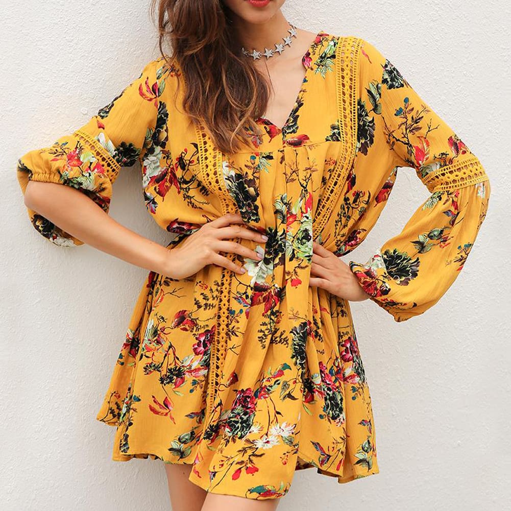 Women Long Sleeve Boho Floral Party Swimwear Bikini Summer Beach Wear Cover Up Dress Casual Loose Mini Sundress