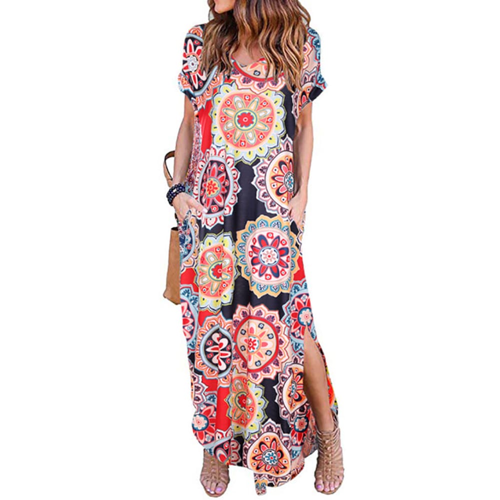 Womens Boho Pocket Long Maxi Dress Floral Cocktail Party Summer Beach Casual V Neck Split Loose Dress Sundress