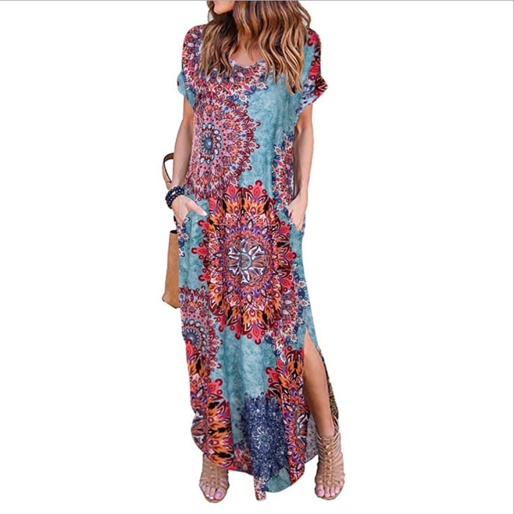 Womens Boho Pocket Long Maxi Dress Floral Cocktail Party Summer Beach Casual V Neck Split Loose Dress Sundress