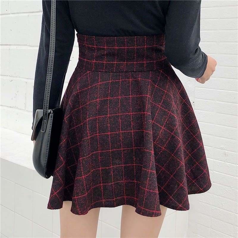 Plaid Pleated Ball Gown High Waist Lace Up Wool Skirt Bottom – Hplify