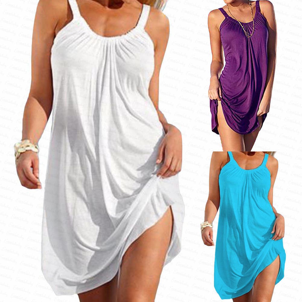 Summer Women Beach Mini Sundress Ladies Sleeveless Short Mini Dress Holiday Party Solid Casual Dresses