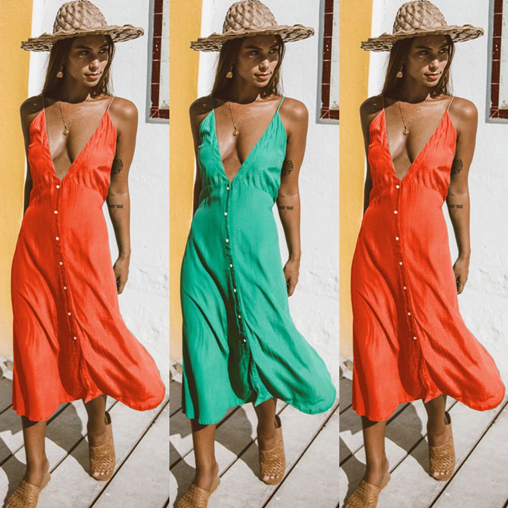 Vintage Women Boho Long Maxi Dress Sexy Ladies V-Neck Backless Summer Beach Strappy Party Casual Button Sundress