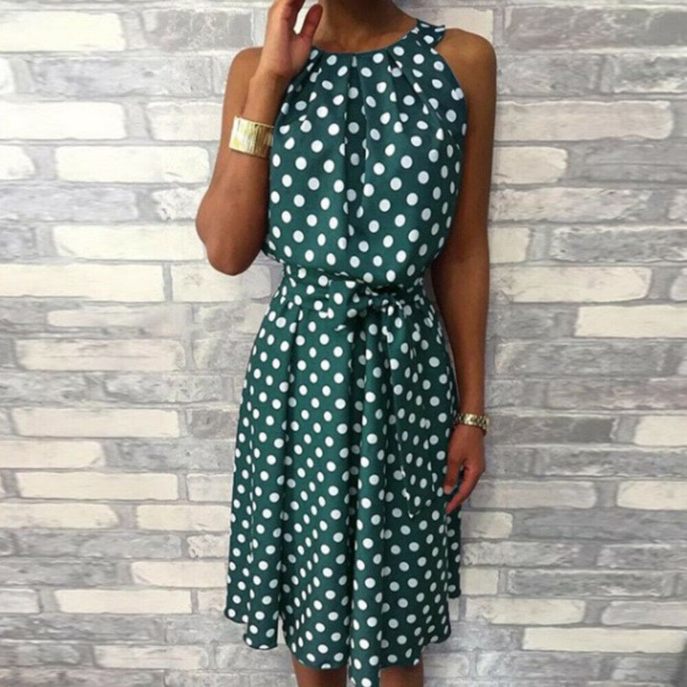 Women Sleeveless Polka Dot Midi Dress 2024 Fashion Ladies Summer Beach Casual Bandage Belt Dress Sundress