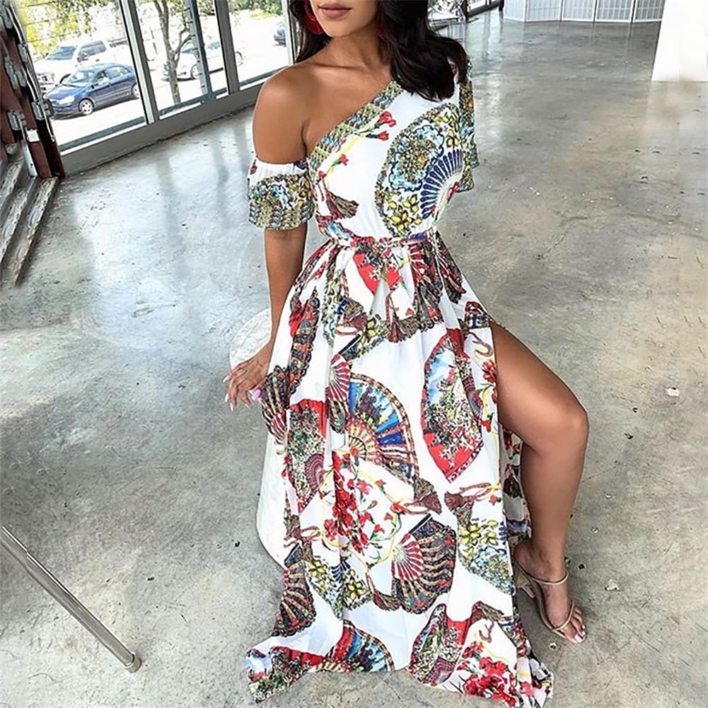 Womens Boho Maxi Dress Fashion Ladies Casual One Shoulder Floral Holiday Summer Beach Evening Party Long Sundress