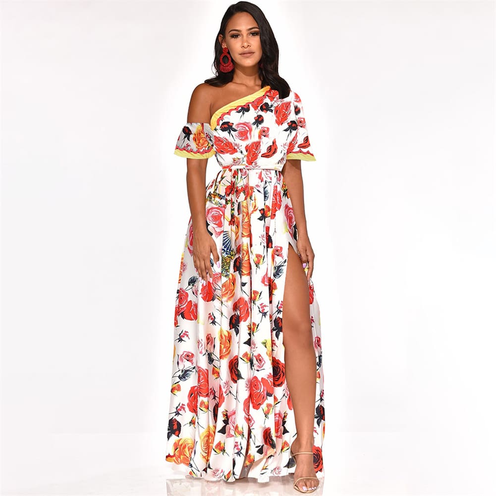 Womens Boho Maxi Dress Fashion Ladies Casual One Shoulder Floral Holiday Summer Beach Evening Party Long Sundress