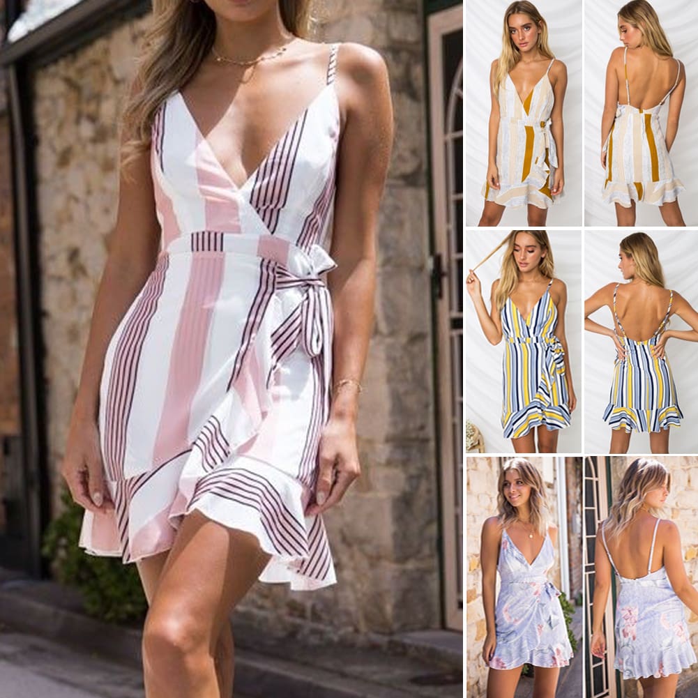 Women Boho Floral V-Neck Wrap Mini Dress Fashion Ladies Summer Holiday Party Sundress Casual Sleeveless Slim Dress