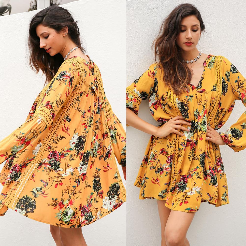 Women Long Sleeve Boho Floral Party Swimwear Bikini Summer Beach Wear Cover Up Dress Casual Loose Mini Sundress