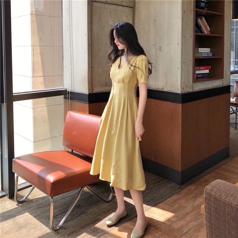 Summer Vintage V-neck Single Breasted Dress Womens Lovely Dresses