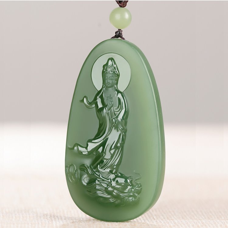 Quan Yin Jade Pendant: The Goddess Rides a Flying Dragon - Mantrapiece