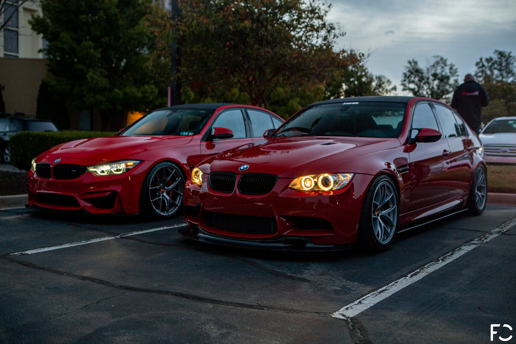 Ferrari Red F80 M3 with Melbourne Red E90 M3 at dusk