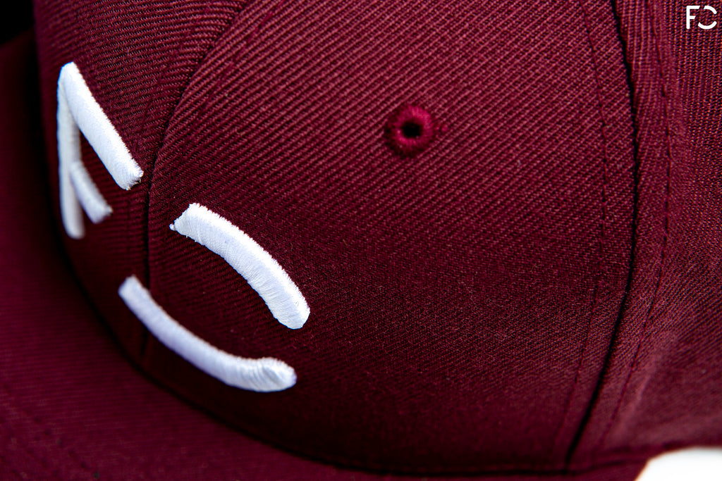 Future Classic 6-Panel hat closeup - maroon overhead view of 3D puff