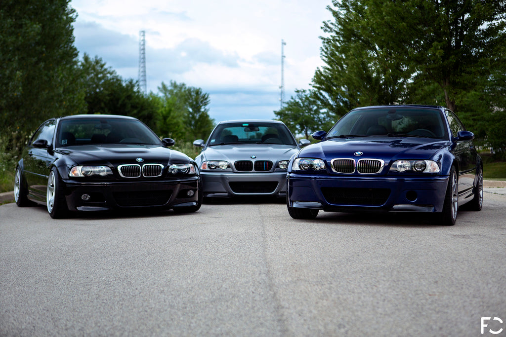 Future Classic: Three E46 M3 cars front end lineup - Jet Black, Silver Grey, and Interlagos Blue
