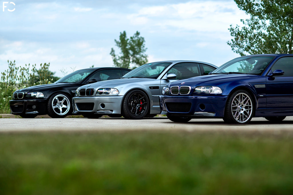 Future Classic E46 M3 meet-up: front angle view of three cars