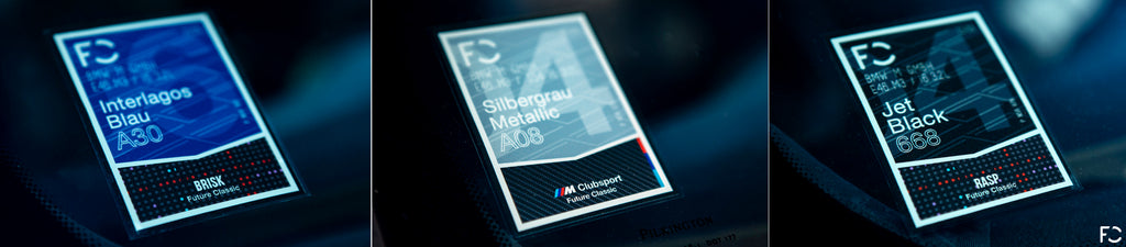 Future Classic E46 M3 club sticker examples - interlagos blue, silver grey, jet black
