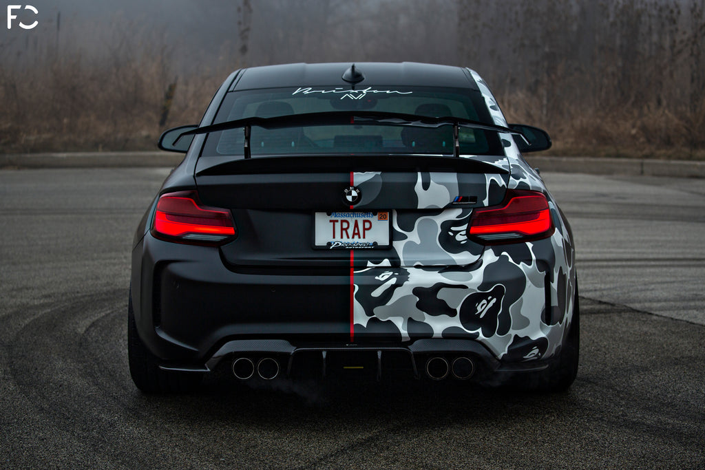 Autonuvo F87 M2 Competition custom bape wrap rear shot 