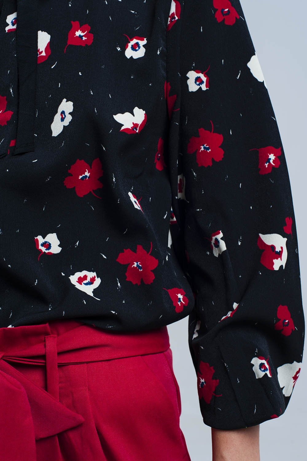 Black Shirt With Red And White Flowers Womens Fashion - Clothing Blouses & Shirts