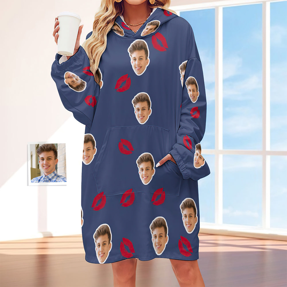 Custom Face Adult Unisex Blanket Hoodie Personalized Blanket Pajama Gift  Red Lips