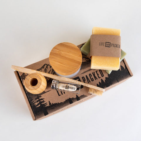 zero waste and plastic free bundle including bamboo toothbrushes, bamboo toothbrush holders, zero waste silk floss, zero waste shave bars, zero waste chemical free tooth powders