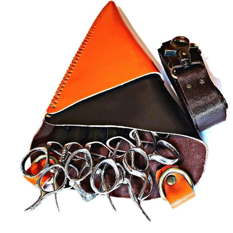 Premium orange and brown leather scissor holster 