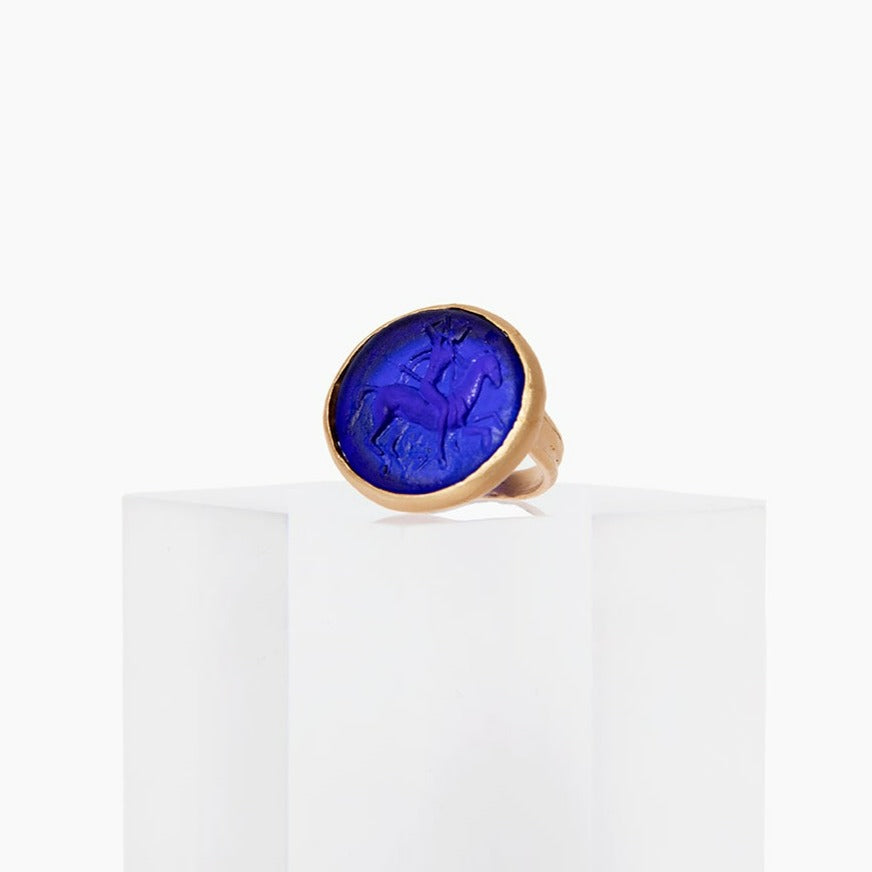 Glass Mounted Warrior Coin Motif Ring (Cobalt Tone)