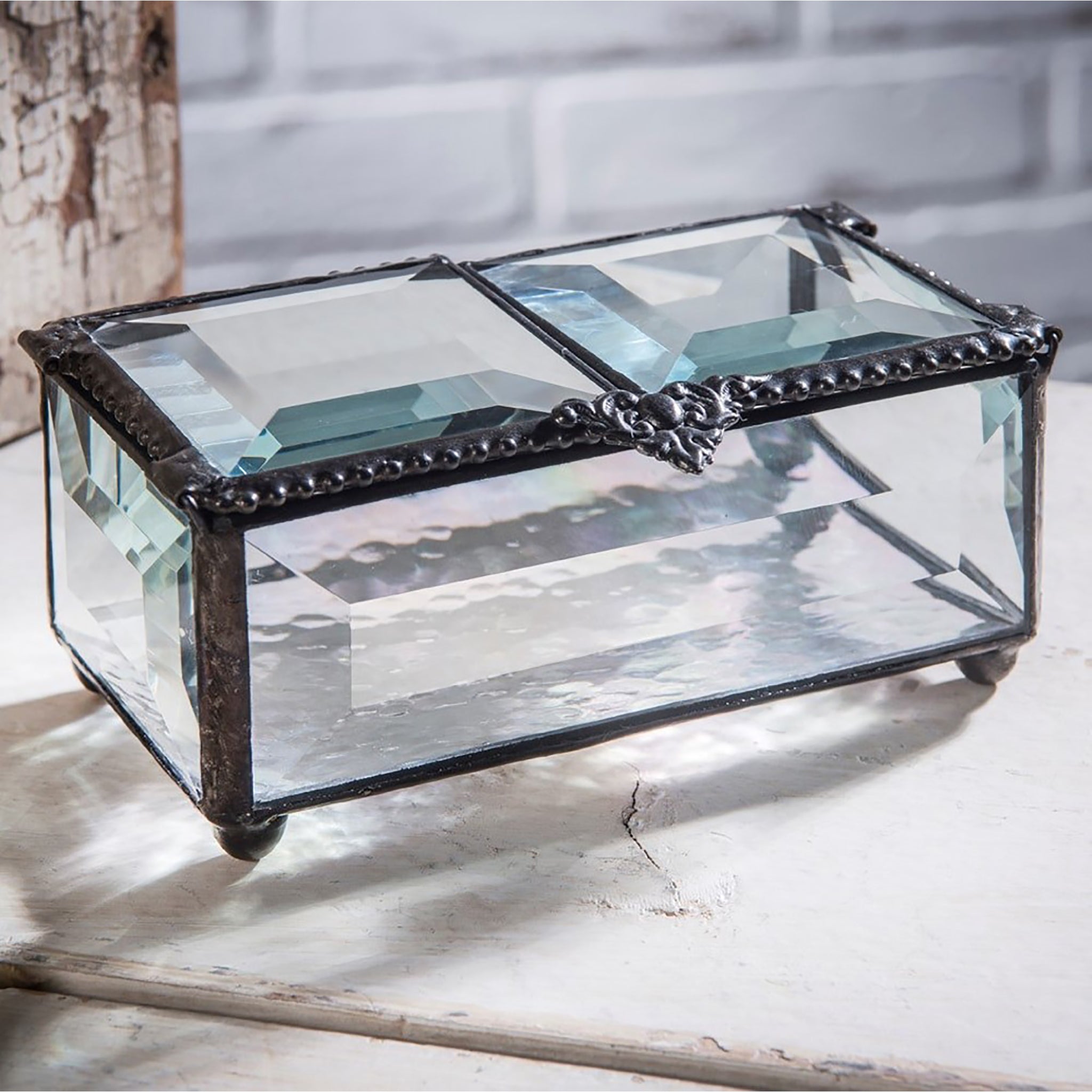 Glass Jewelry Box with Double Hinged Lid