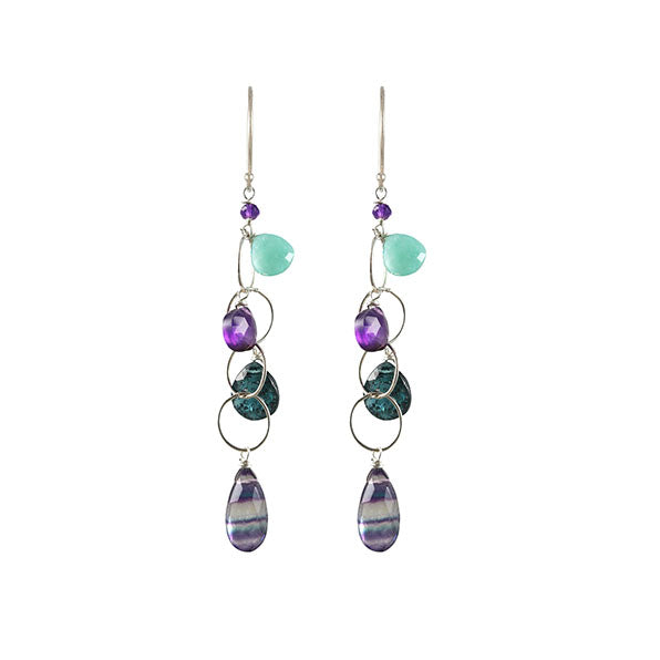 Fluorite, Kyanite, Amethyst, and Amazonite Silver Earrings