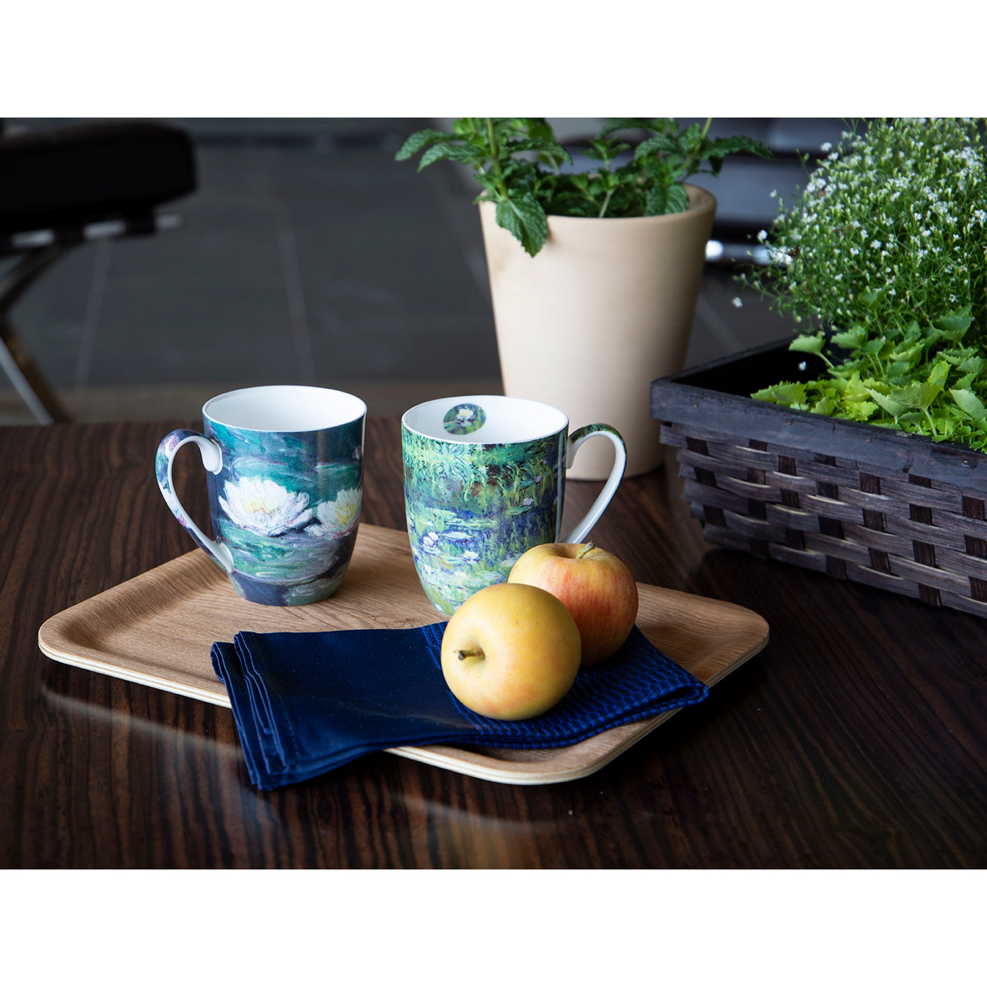 Pair of Fine Bone China Mugs featuring Monet's Water Lilies