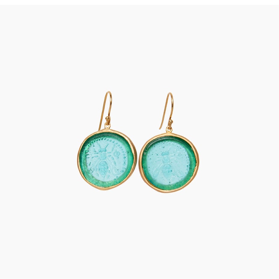 Glass Coin of Ephesos Motif Earrings (Teal Tone)