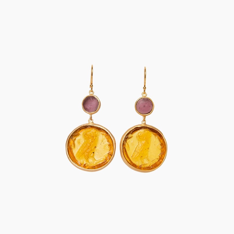 Glass Coin of Athens Motif Double Drop Earrings (Amber & Plum Tones)